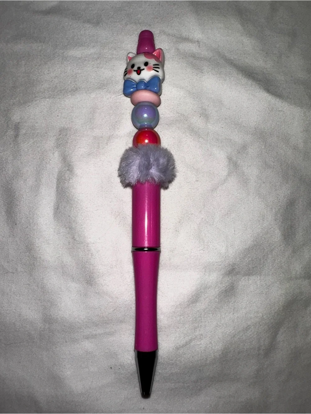 Cute Pink Cat Bead Pen with Pom Accent